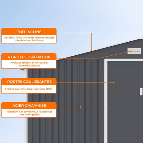 Abri de jardin en métal et abri bűches 8,72 m˛ - 342 x 255 x 202 - NOVA - Kit d'ancrage inclus, 2 portes coulissantes - Gris