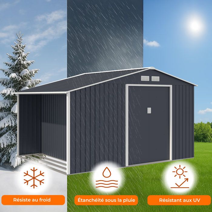Abri de jardin en métal et abri bűches 8,72 m˛ - 342 x 255 x 202 - NOVA - Kit d'ancrage inclus, 2 portes coulissantes - Gris