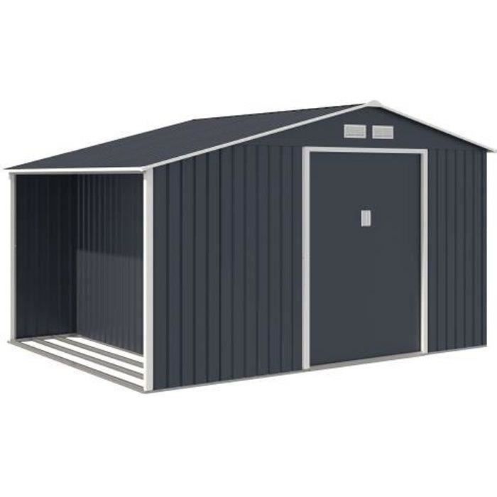 Abri de jardin en métal et abri bûches 8,72 m² - 342 x 255 x 202 - NOVA - Kit d'ancrage inclus, 2 portes coulissantes - Gris
