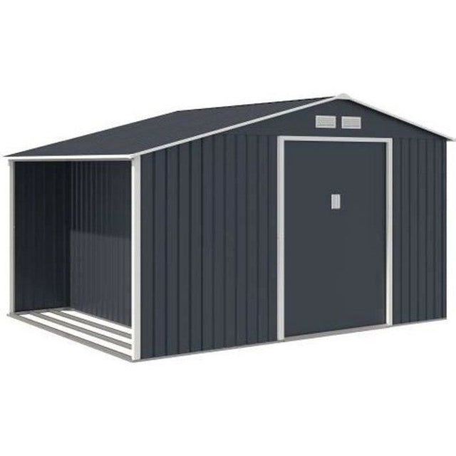 Abri de jardin en métal et abri bűches 8,72 m˛ - 342 x 255 x 202 - NOVA - Kit d'ancrage inclus, 2 portes coulissantes - Gris