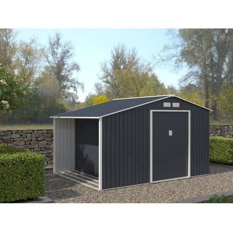Abri de jardin en métal et abri bűches 8,72 m˛ - 342 x 255 x 202 - NOVA - Kit d'ancrage inclus, 2 portes coulissantes - Gris