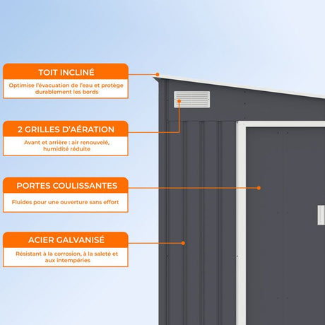 Abri de jardin en métal 5,5 m˛ - 215 x 257 x 193 cm - TORONTO - Kit d'ancrage inclus, 2 portes coulissantes - Gris