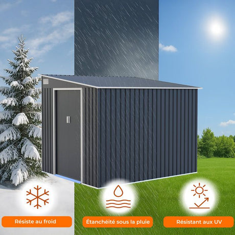 Abri de jardin en métal 5,5 m˛ - 215 x 257 x 193 cm - TORONTO - Kit d'ancrage inclus, 2 portes coulissantes - Gris