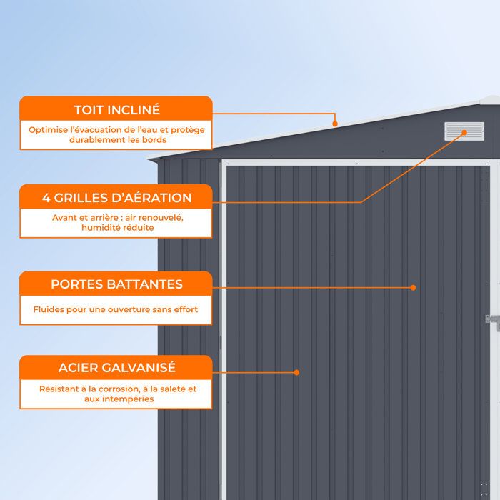 Abri de jardin / Garage en métal 16 m˛ - 380 x 420 x 232 - COMET - Kit d'ancrage,  2 portes coulissantes , 1 porte latérale  Gris