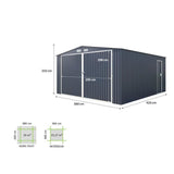 Abri de jardin / Garage en métal 16 m² - 380 x 420 x 232 - COMET - Kit d'ancrage,  2 portes coulissantes , 1 porte latérale  Gris