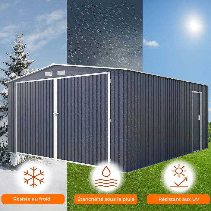 Abri de jardin / Garage en métal 16 m˛ - 380 x 420 x 232 - COMET - Kit d'ancrage,  2 portes coulissantes , 1 porte latérale  Gris