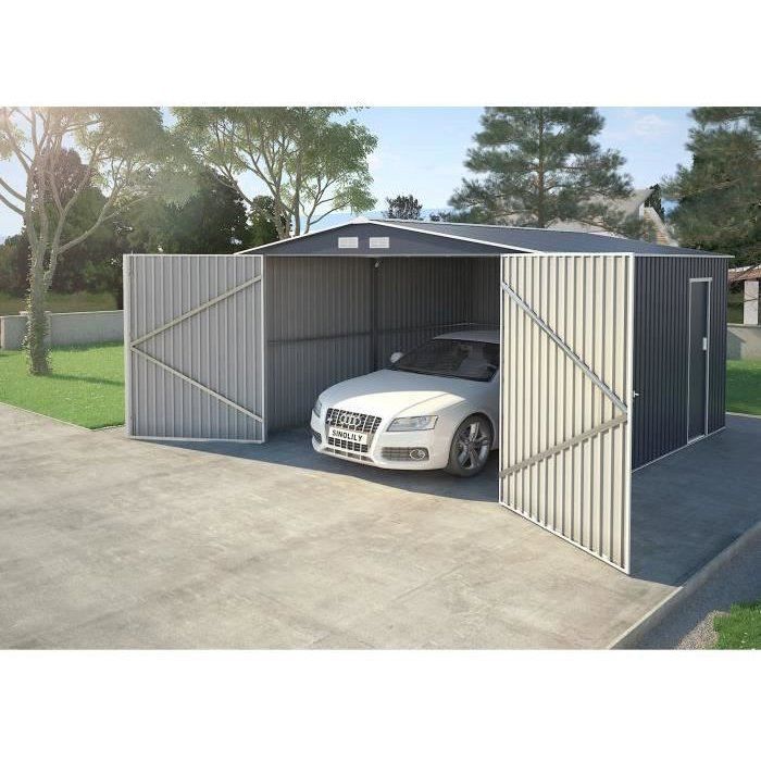 Abri de jardin / Garage en métal 16 m˛ - 380 x 420 x 232 - COMET - Kit d'ancrage,  2 portes coulissantes , 1 porte latérale  Gris