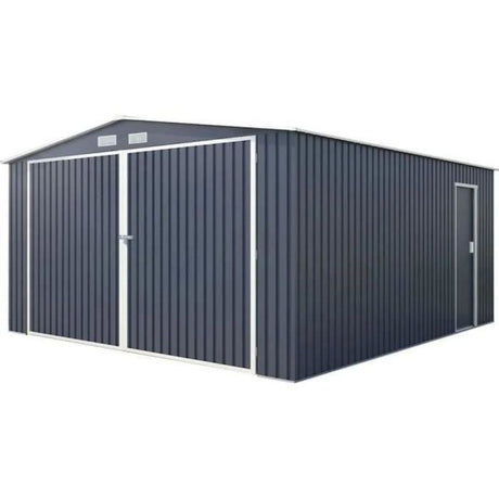 Abri de jardin / Garage en métal 16 m˛ - 380 x 420 x 232 - COMET - Kit d'ancrage,  2 portes coulissantes , 1 porte latérale  Gris