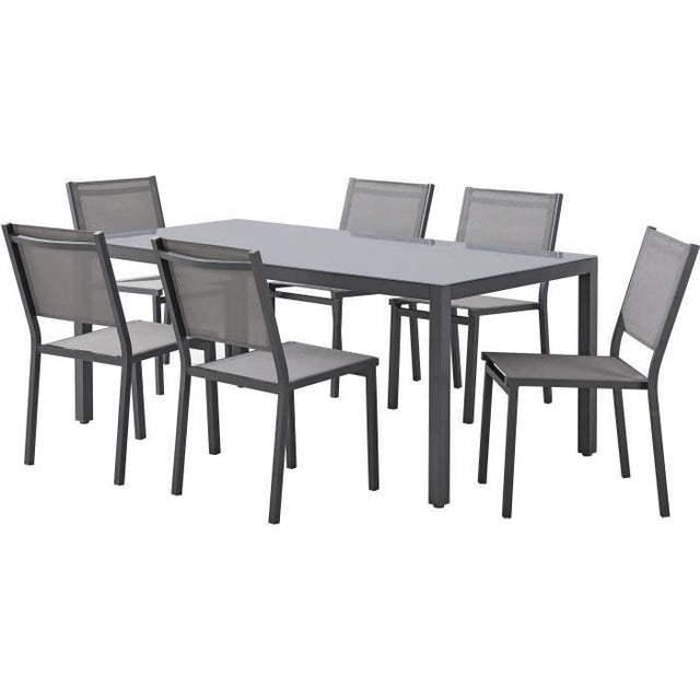 Ensemble repas table de jardin 6 personnes : Table + 6 chaises - Structure en aluminium - L180 x P 90 x H 74 cm - Gris anthracite