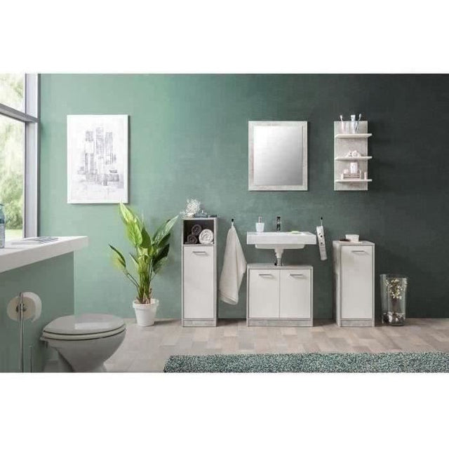Salle de bain complete - Blanc et gris béton - 1 meuble sous lavabo + 1 étagere + 2 rangements bas - MADEIRA