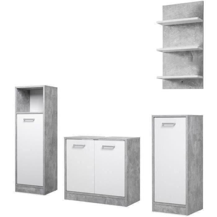 Salle de bain complete - Blanc et gris béton - 1 meuble sous lavabo + 1 étagere + 2 rangements bas - MADEIRA