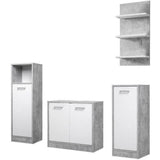 Salle de bain complete - Blanc et gris béton - 1 meuble sous lavabo + 1 étagere + 2 rangements bas - MADEIRA