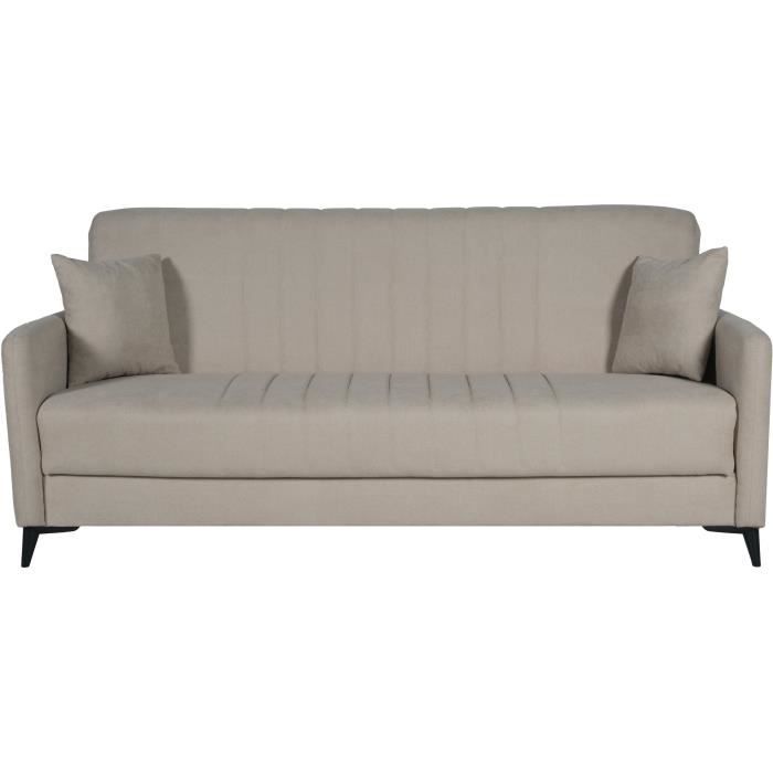 Canapé convertible - 3 places  - ENZO - Tissu beige - 2 coussins - Coffre de rangement -  211 x 92 x 98 cm