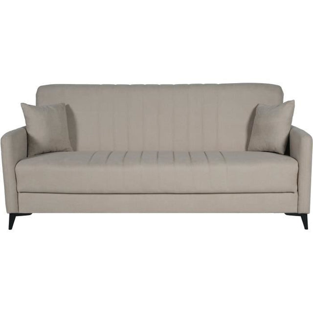 Canapé convertible - 3 places  - ENZO - Tissu beige - 2 coussins - Coffre de rangement -  211 x 92 x 98 cm