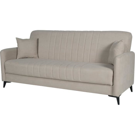 Canapé convertible - 3 places  - ENZO - Tissu beige - 2 coussins - Coffre de rangement -  211 x 92 x 98 cm