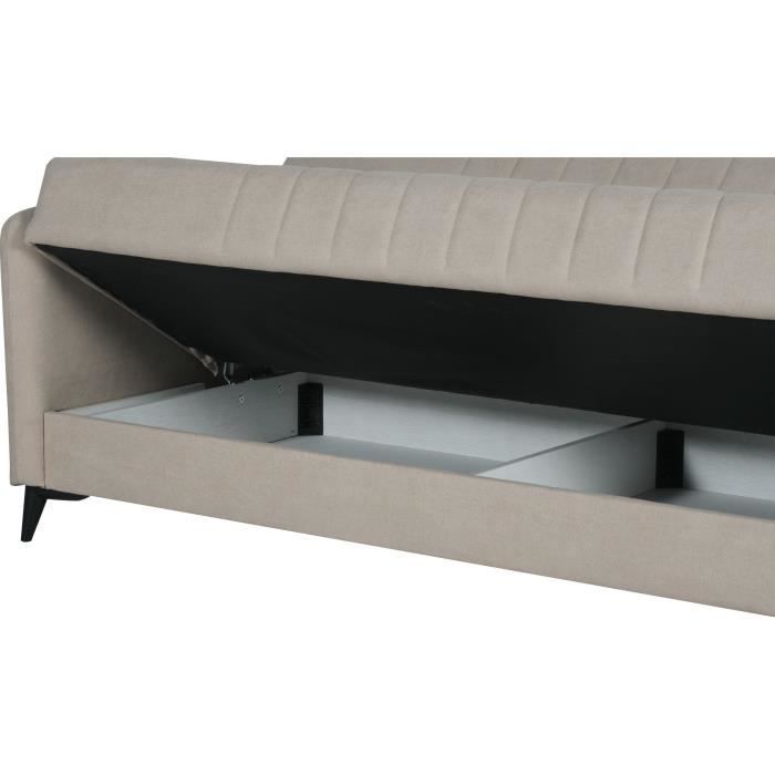Canapé convertible - 3 places  - ENZO - Tissu beige - 2 coussins - Coffre de rangement -  211 x 92 x 98 cm