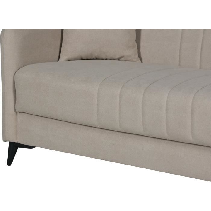 Canapé convertible - 3 places  - ENZO - Tissu beige - 2 coussins - Coffre de rangement -  211 x 92 x 98 cm