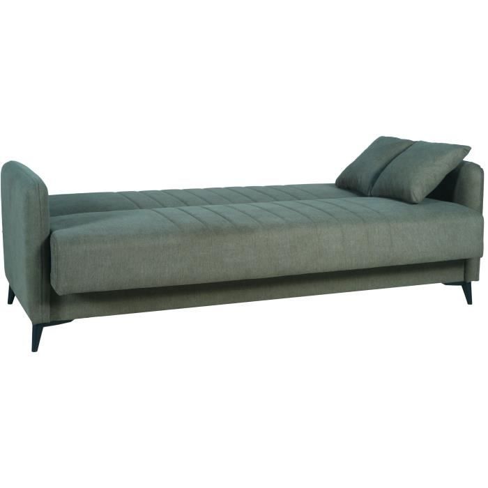 Canapé convertible - 3 places  - ENZO - Tissu vert foncé - 2 coussins - Coffre de rangement -  211 x 92 x 98 cm