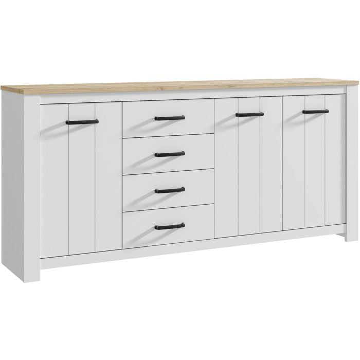 Enfilade - ELARA - Chene / Blanc mat - 3 portes - 4 tiroirs - 206 x 42,2 x 95,7 cm