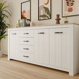 Enfilade - ELARA - Chene / Blanc mat - 3 portes - 4 tiroirs - 206 x 42,2 x 95,7 cm