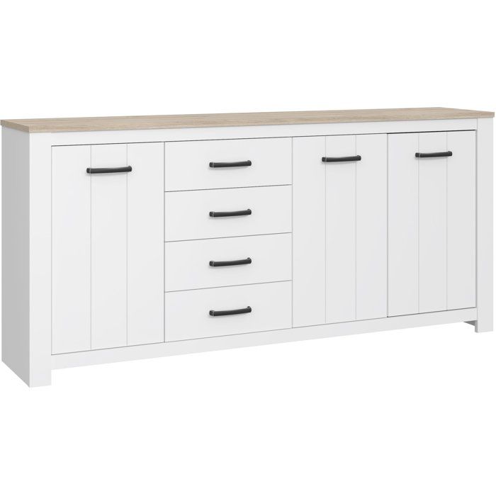 Enfilade - ELARA - Chene / Blanc mat - 3 portes - 4 tiroirs - 206 x 42,2 x 95,7 cm