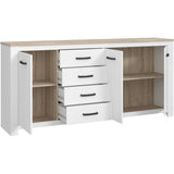 Enfilade - ELARA - Chene / Blanc mat - 3 portes - 4 tiroirs - 206 x 42,2 x 95,7 cm