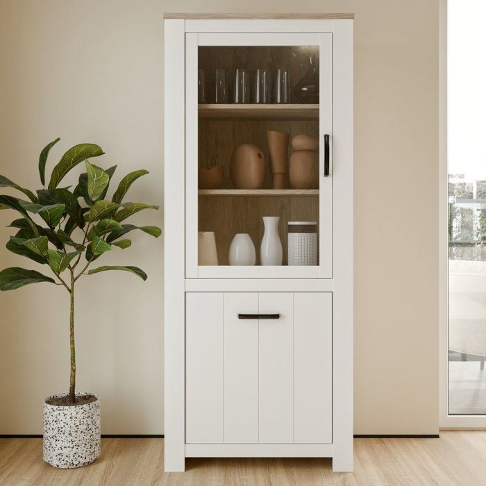 Vitrine - ELARA - 2 portes dont 1 vitrée - Chene / Blanc mat - 76,9 x 42,2 x 185,5 cm