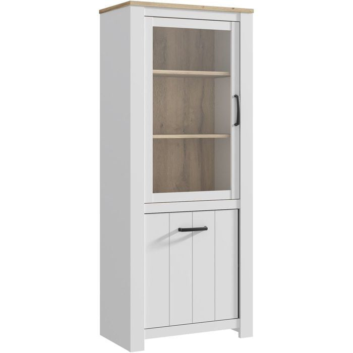 Vitrine - ELARA - 2 portes dont 1 vitrée - Chene / Blanc mat - 76,9 x 42,2 x 185,5 cm