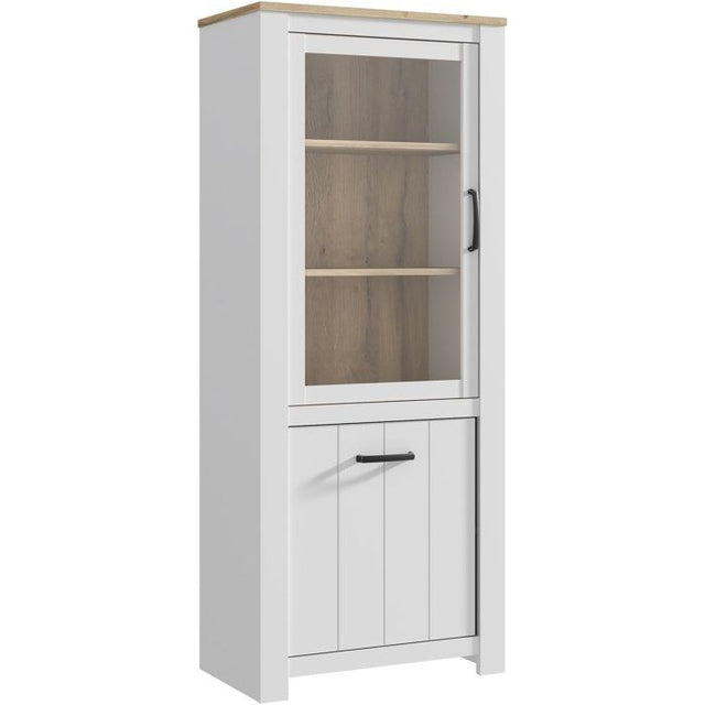 Vitrine - ELARA - 2 portes dont 1 vitrée - Chene / Blanc mat - 76,9 x 42,2 x 185,5 cm