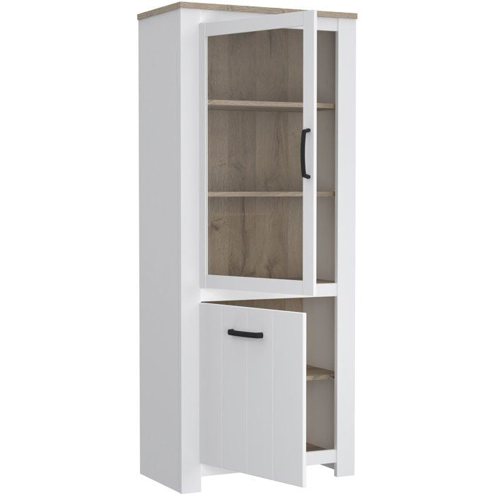 Vitrine - ELARA - 2 portes dont 1 vitrée - Chene / Blanc mat - 76,9 x 42,2 x 185,5 cm