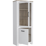 Vitrine - ELARA - 2 portes dont 1 vitrée - Chene / Blanc mat - 76,9 x 42,2 x 185,5 cm