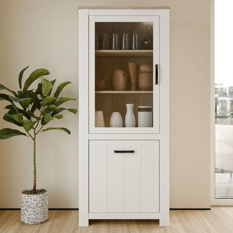 Vitrine - ELARA - 2 portes dont 1 vitrée - Chene / Blanc mat - 76,9 x 42,2 x 185,5 cm