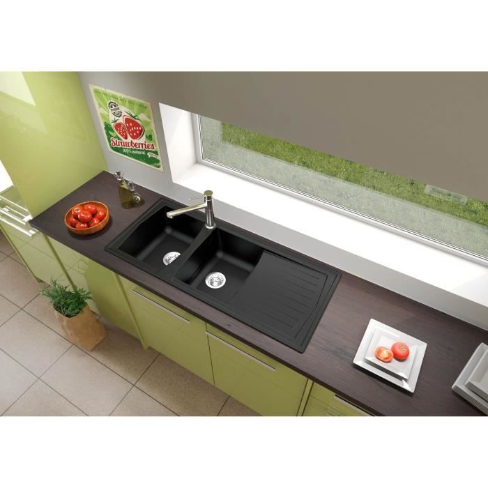 STRADOUR Evier cuisine a encastrer 2 bacs + 1 Ègouttoir Arena - RÈsine - 116 x 50 cm - Noir