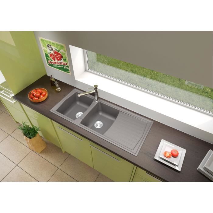 STRADOUR Evier cuisine a encastrer 2 bacs + 1 Ègouttoir Arena - RÈsine - 116 x 50 cm - Gris bÈton