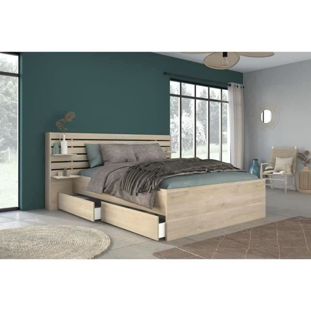 Lit adulte ESCALE 160x200 cm - Décor chene du Japon - 2 tiroirs + Tete de lit - L222,8 x H98,2 x P216,8 cm - Fabriqué en France