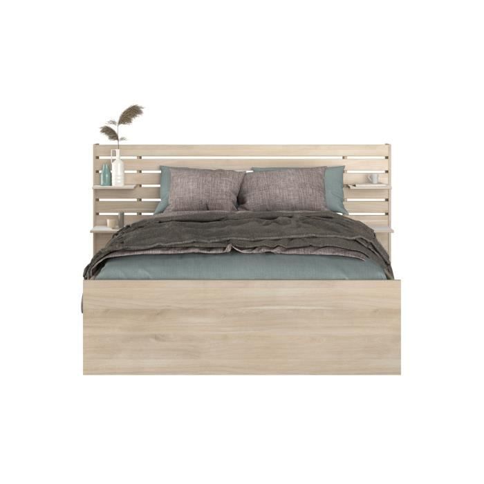 ESCALE Lit adulte 140x190 / 200 cm - Tete de lit + 2 tiroirs - Décor chene du Japon - PARISOT