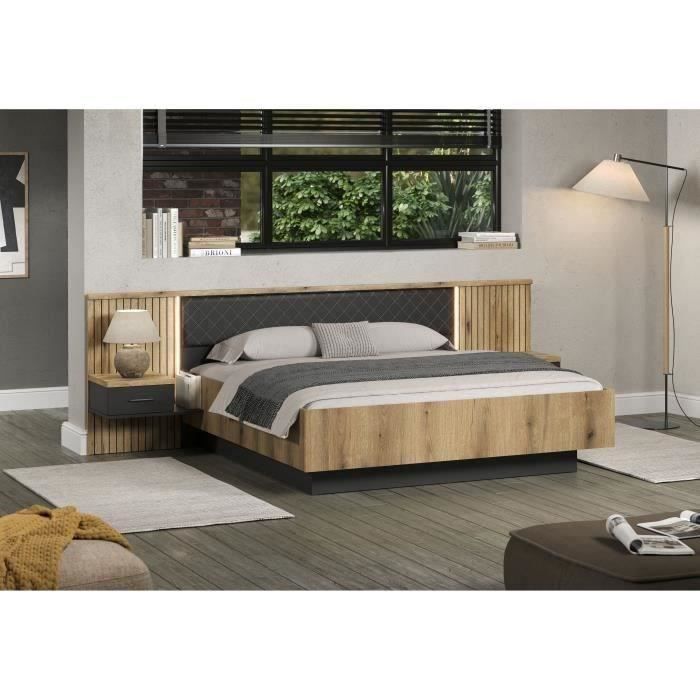 Lit avec chevets et éclairage indirect - ESTEBAN - 180 x 200 cm - Chene blond / Anthracite - TRENDTEAM