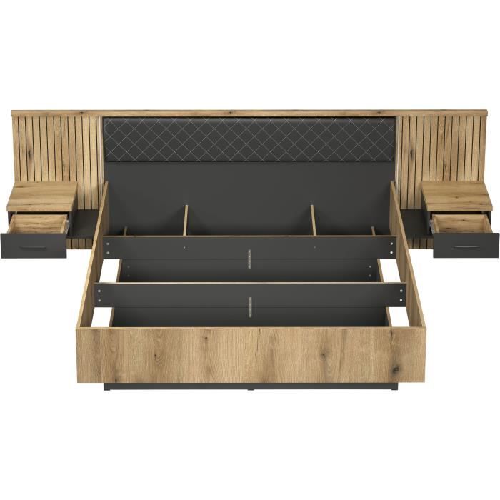 Lit avec chevets et éclairage indirect - ESTEBAN - 180 x 200 cm - Chene blond / Anthracite - TRENDTEAM