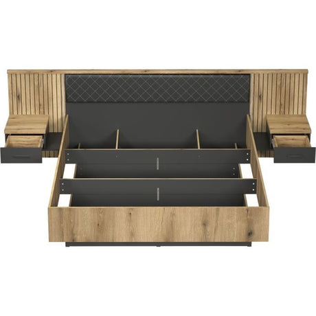 Lit avec chevets et éclairage indirect - ESTEBAN - 180 x 200 cm - Chene blond / Anthracite - TRENDTEAM