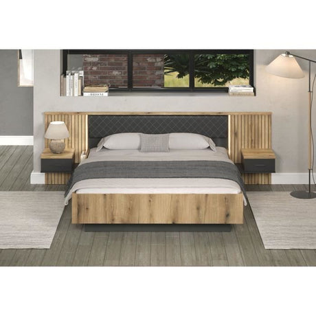 Lit avec chevets et éclairage indirect - ESTEBAN - 180 x 200 cm - Chene blond / Anthracite - TRENDTEAM