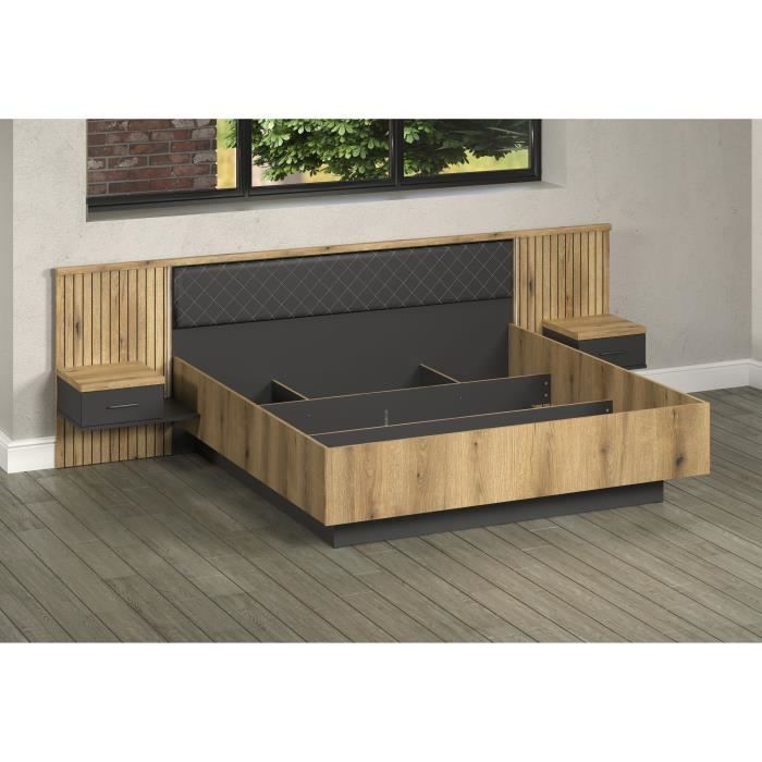 Lit avec chevets et éclairage indirect - ESTEBAN - 180 x 200 cm - Chene blond / Anthracite - TRENDTEAM