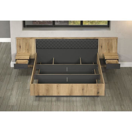 Lit avec chevets et éclairage indirect - ESTEBAN - 180 x 200 cm - Chene blond / Anthracite - TRENDTEAM