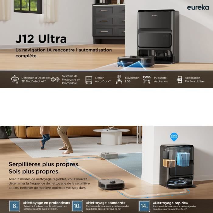 EUREKA J12 Ultra - Robot Aspirateur Laveur avec Station Automatique de Vidange - Serpilliere Rotative - Double LiDAR Navigation