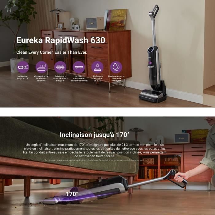 EUREKA RapidWash NEW630 - Aspirateur Laveur sans Fil Sec et Humide - Inclinaison a 170° - Séchage Air Chaud 60? -Anti Enchevetrement