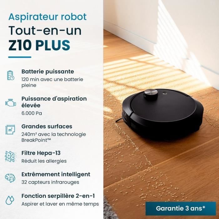 Robot Aspirateur Laveur connecté avec base de vidage EZICLEAN All-in-one Z10 Plus - 240 min - 6000pa - 180m˛ - 1.5L
