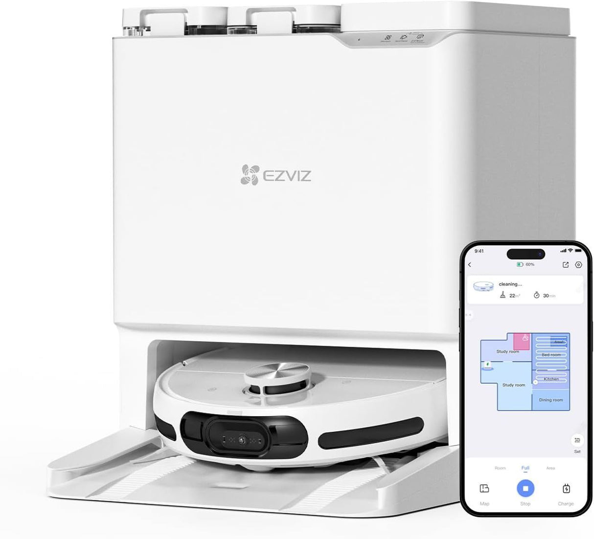 EZVIZ RS20 Pro Robot Aspirateur avec Serpilliere - Installation & Détachement Automatique - Brosse Latérale Surélevée - 7200 Pa