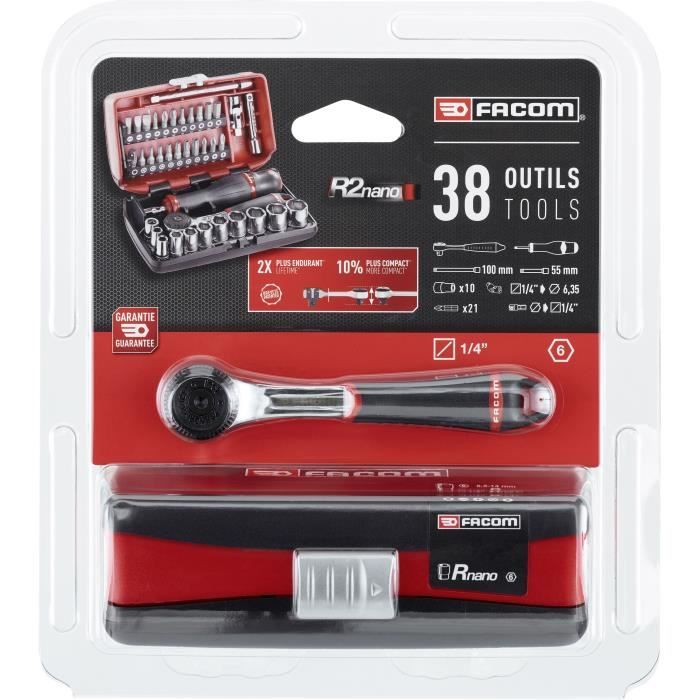 Coffret douilles 1/4'' - FACOM - R2NANOPB - 6 pans métriques et embouts - 38 pieces diametre 5,5 a 14mm