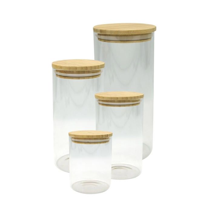 Set de 4 boîtes de conservation en verre - FACKELMANN - Nature - Couvercle en bambou
