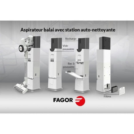 Aspirateur balai sans fil 2 en 1 - FAGOR - FG6415 - 300W - Avec base auto nettoyante - Tube Flexible - 3 vitesses - Autonomie 60 min