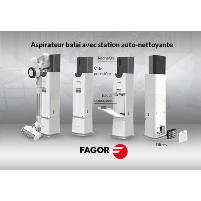 Aspirateur balai sans fil 2 en 1 - FAGOR - FG6415 - 300W - Avec base auto nettoyante - Tube Flexible - 3 vitesses - Autonomie 60 min